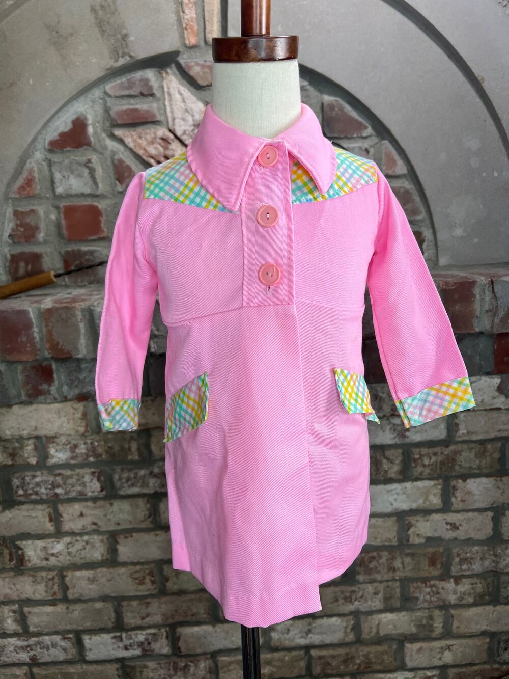 kids trench jacket Vintage 1960s  pink gingham yellow green